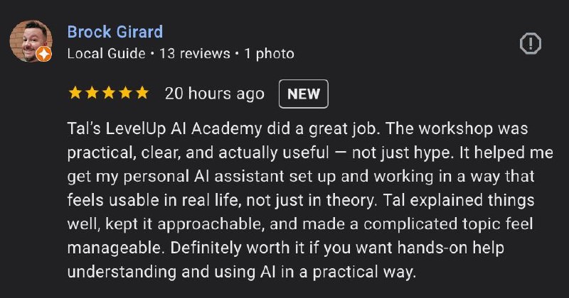5-star Google review by Brock Girard about the LevelUp AI Academy workshop.